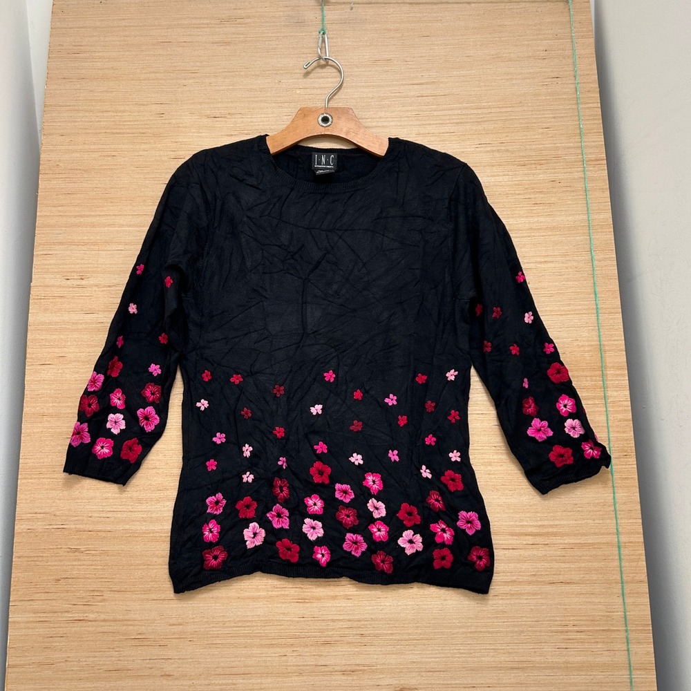 INC International Concepts Womens Black Floral Embroidered 3/4 Sleeve Sweater L